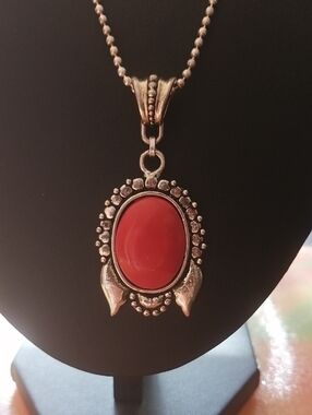 Vintage-Style Red Oval Pendant On Ball Chain 16.5" Long Necklace
